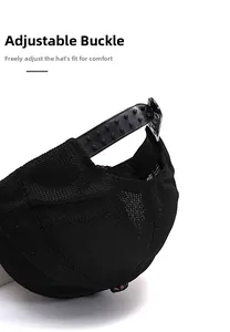 Detail of adjustable snapback closure on black mesh baseball cap for custom fit