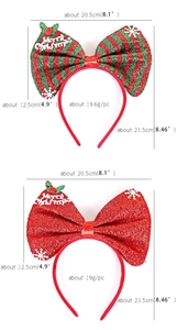 Detailed view of red and green sequin Christmas bow headbands with size and weight info