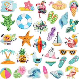 Variety set of colorful summer themed embroidery patches with flamingos and coconut trees