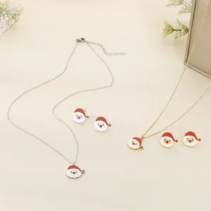 Santa Claus Necklace And Earrings Jewelry Stainless Steel Enamel Cartoon Christmas Holiday Gift For Women