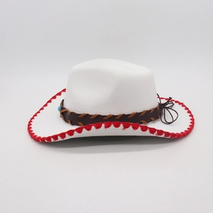White cowboy hat with red stitched edges and leather band detail for Jessie cosplay style