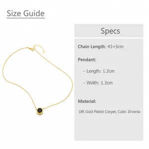 Tableau des tailles pour collier zircon plaqué or 18K montrant la chaîne et le pendentif