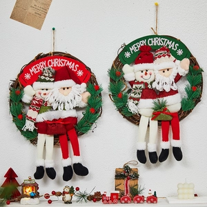 Christmas Wreath Rattan Wall Hanging Plush Santa Snowman Reindeer Figures Artificial Pine Needles Festive Door Ornament
