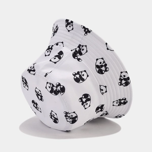 White cotton bucket hat with cute all-over panda print and reinforced brim stitching