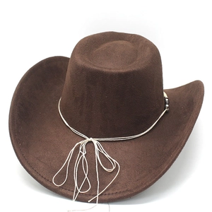Detail of dark brown suede cowboy hat with white rope and dark bead decorative accents