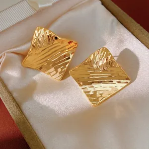Square Stud Earrings Hammered Texture Copper With Silver Earring Post 18K Gold Plated Minimalist Large Geometric Jewelry Women