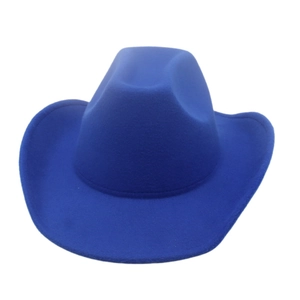 Detailed close-up of a bright blue felt cowboy hat with classic curved brim and creased crown