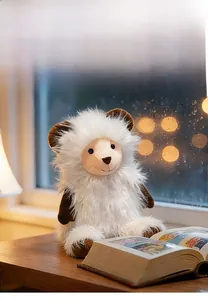 Close-up of adorable cream plush goat toy on a cozy window sill with soft warm lighting