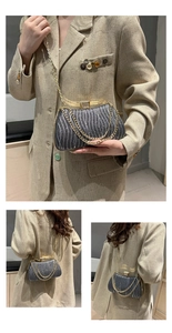 Detailed views of gray sequin evening clutch bag with gold chain and top handle