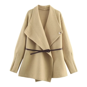 Women's knit cardigan with lapel collar and belt in beige, autumn fashion outerwear