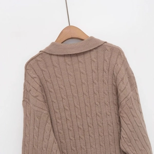 Women's autumn cable knit sweater in taupe brown featuring a cozy turn-down collar