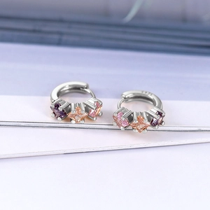 S925 sterling silver hoop earrings with three square purple and champagne zircons