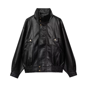 Black PU leather jacket with stand collar, metallic buttons and elastic hem on white background