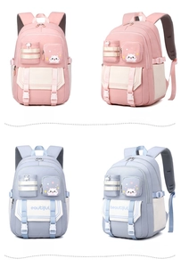 Detail view of pink and blue school backpacks with cat pattern and multi-pocket design