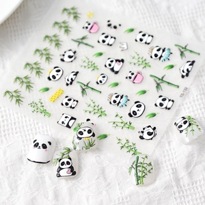 Close-up of TS-132 3D embossed cute panda and bamboo nail art stickers on display