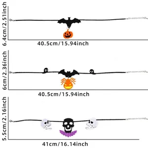 Halloween adjustable felt chokers featuring pumpkin, spider, and skull pendants with sizes