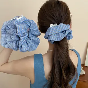 Oversized Hair Scrunchie Blue White Plaid Striped Fabric Elastic Hair Tie Korean Style Minimalist Hair Accessories For Women