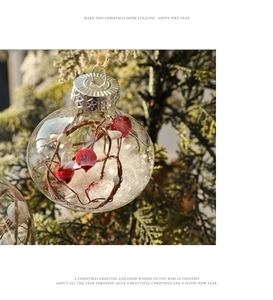 Dettaglio pallina di Natale trasparente da 6 cm con bacche rosse su albero verde