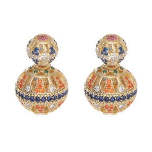 Luxury gold hollow ball earrings with colorful micro-set cubic zirconia on white background
