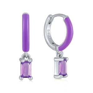 Detailed close-up of S925 sterling silver stamp on purple enamel hoop with zircon drop