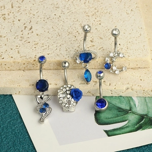 5-piece belly button ring set with blue zircon planet, moon, and heart charms in silver