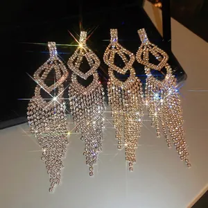 Long Tassel Earrings For Women Alloy Rhinestone Geometric Rhombus Dangle Luxury Evening Party Jewelry With Silver Earring Post
