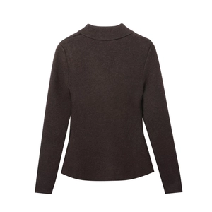 Women elegant dark brown slim fit knitted blazer jacket with long sleeves and buttons