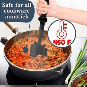 Heat-resistant meat chopper mincing ground meat in a non-stick pan, 450°F safe