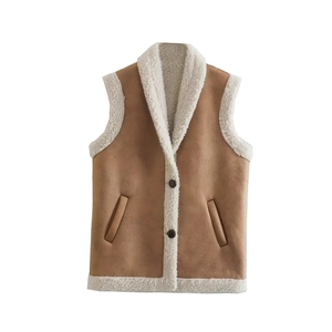 Suede vest with faux shearling lining in brown and cream white color block style