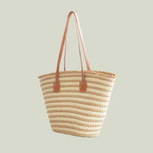 Woven Straw Tote Bag Striped Large Capacity Shoulder Handbag With Leather Handles For Women Vacation Beach Casual Style