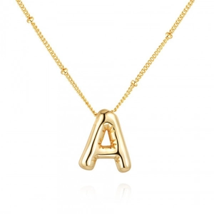 Polished gold A-letter balloon pendant necklace with beaded chain on white background