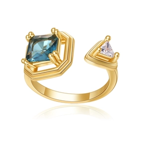 18K gold plated butterfly open ring with blue square zircon and clear gemstone