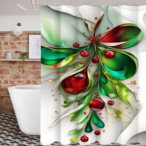 Detail of 3D Christmas floral shower curtain with green leaves and metal grommets