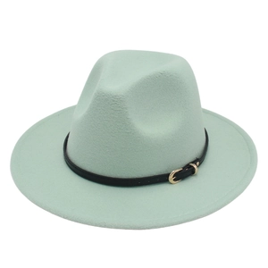 Detail of mint green wool felt jazz hat with black leather strap and gold buckle