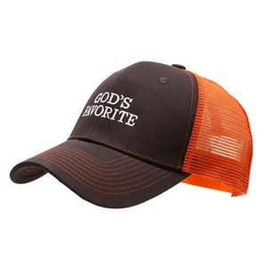 Brown and orange trucker hat with God's Favorite embroidery and breathable mesh back