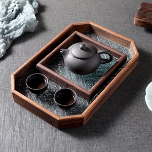 Retro Serving Tray Solid Wood Begonia Pattern Pressed Glass Geometric Plate Decorative Storage For Tea Coffee Dessert
