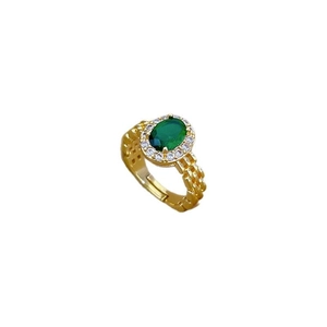 Adjustable gold watch-chain ring featuring an oval green emerald and zircon halo
