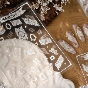 Elegant 5D embossed white lace nail stickers KX490 featuring floral and mesh designs