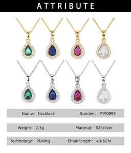 Detailed chart of water drop pendant necklaces in gold and silver with various gemstones