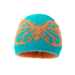 Plush knit beanie in blue and orange butterfly pattern for winter warmth and comfort