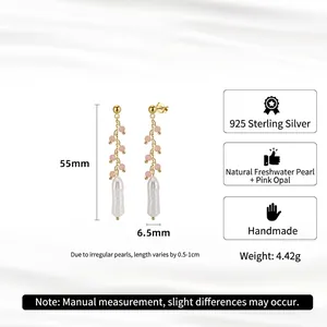S925 silver vintage tassel earrings with pink opal beads and white baroque pearls
