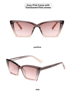 Front and side view of cat eye sunglasses in grey-pink frame with transparent pink lenses