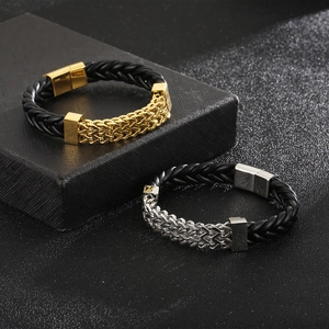 Men's double-row braided leather and stainless steel bracelet with magnetic clasp