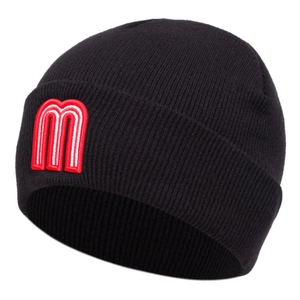 Classic black knitted beanie with a white embroidered letter M and red border