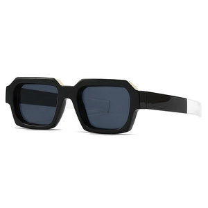 Retro black square sunglasses with transparent temples and dark grey lenses in 45-degree view