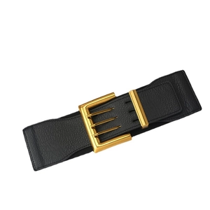 Vintage black wide elastic waist belt with gold rectangular buckle and litchi texture