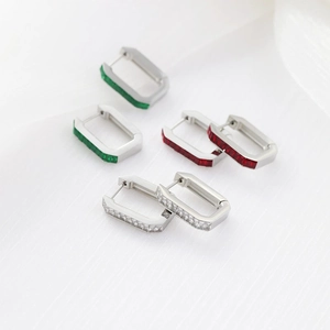 Minimalist stainless steel rectangular baguette-cut zircon earring set in green, red, and white