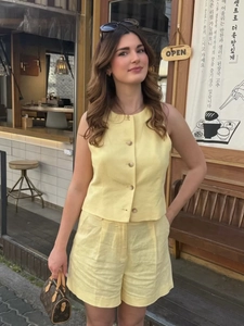 Conjunto Chaleco Sin Mangas Y Pantalones Cortos Mujer Verano Textura Lino Poliéster Botones Cuello Redondo Liso Streetwear