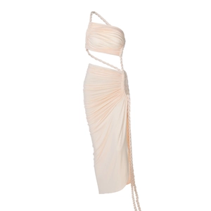 Chic cream two-piece dress with ruched crop top and high-slit maxi skirt details