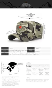 Size chart for army style camouflage cap with 55-60cm circumference and measuring guide